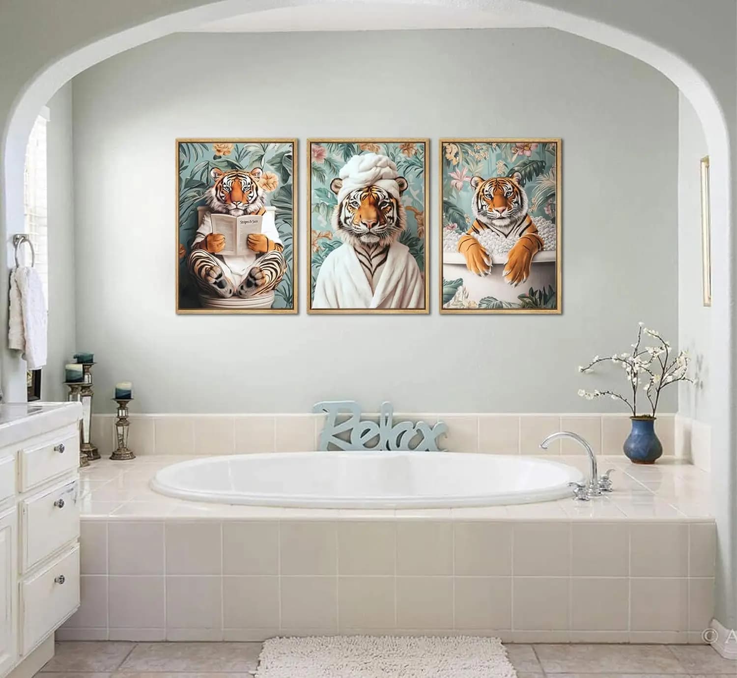 3pcs Bathroom Tiger Canvas Wall Art Bohemian Tropical Plant Reading Newspaper Toilet Poster Printing Animal Bathtub Decoration