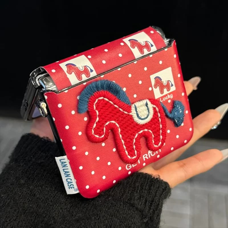 Cute dot pony case for Samsung Z Flip7 zflip6 5/OPPO find n3 n2Flip/Xiaomi Mix flip Red embroidered horse Leather Cover New Year