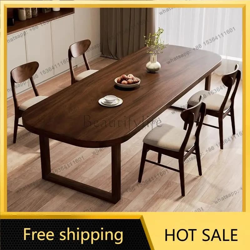 Factory Direct Sales Black Walnut Solid Wood Dining Table Rounded Corner Anti-bumping Long Table Simple