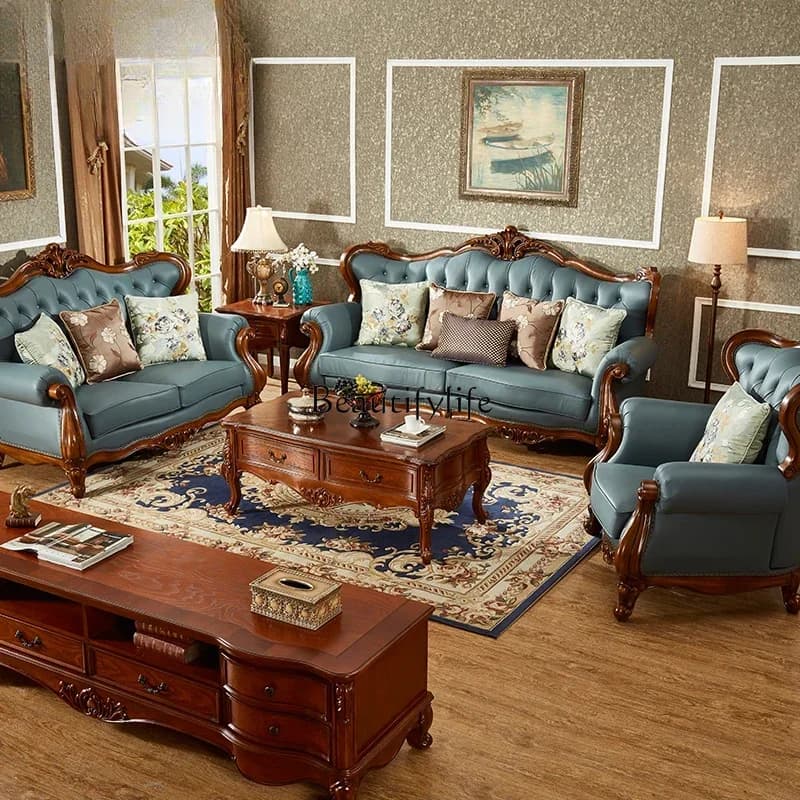 FGAmerican leather sofa European large apartment solid wood living room sofa combination retro country villa high-end