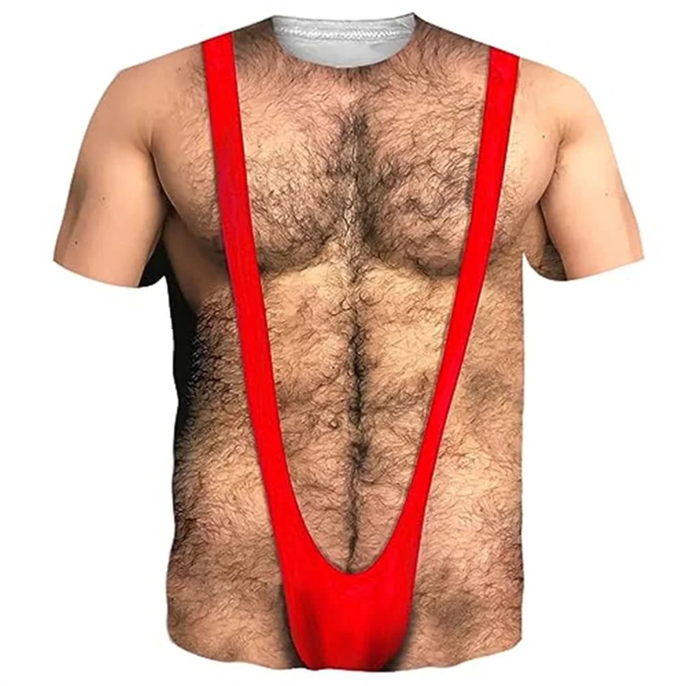 Funny 3D Fakeabdominals T Shirts for Men Hairy Muscle Chest Graphic Short Sleeve Cosplay Costume Novelty Sexy Oversized Tee