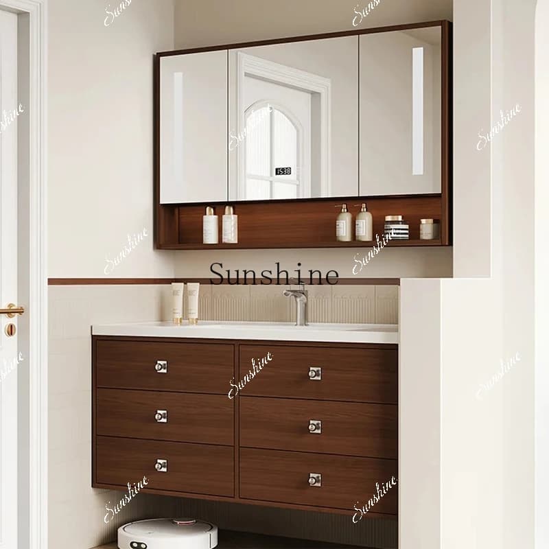 Medieval ceramic integrated basin solid wood paint bathroom cabinet mirror cabinet combination  FT