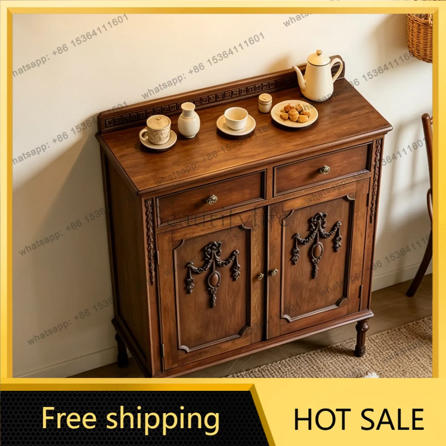 Factory Direct French retro solid wood carving flower dining side cabinet medieval living room multi-functional storage cabinet