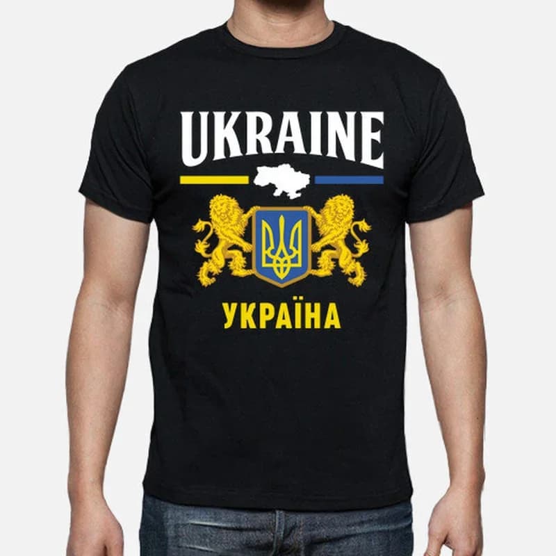 Ukraine Map and Coat of Arms Men T-Shirt Short Sleeve Casual 100% Cotton O-Neck Summer T Shirts