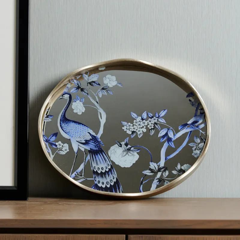National style blue and white peacock peony pattern decorative tray, Chinese desktop storage glass mirror round tea tray