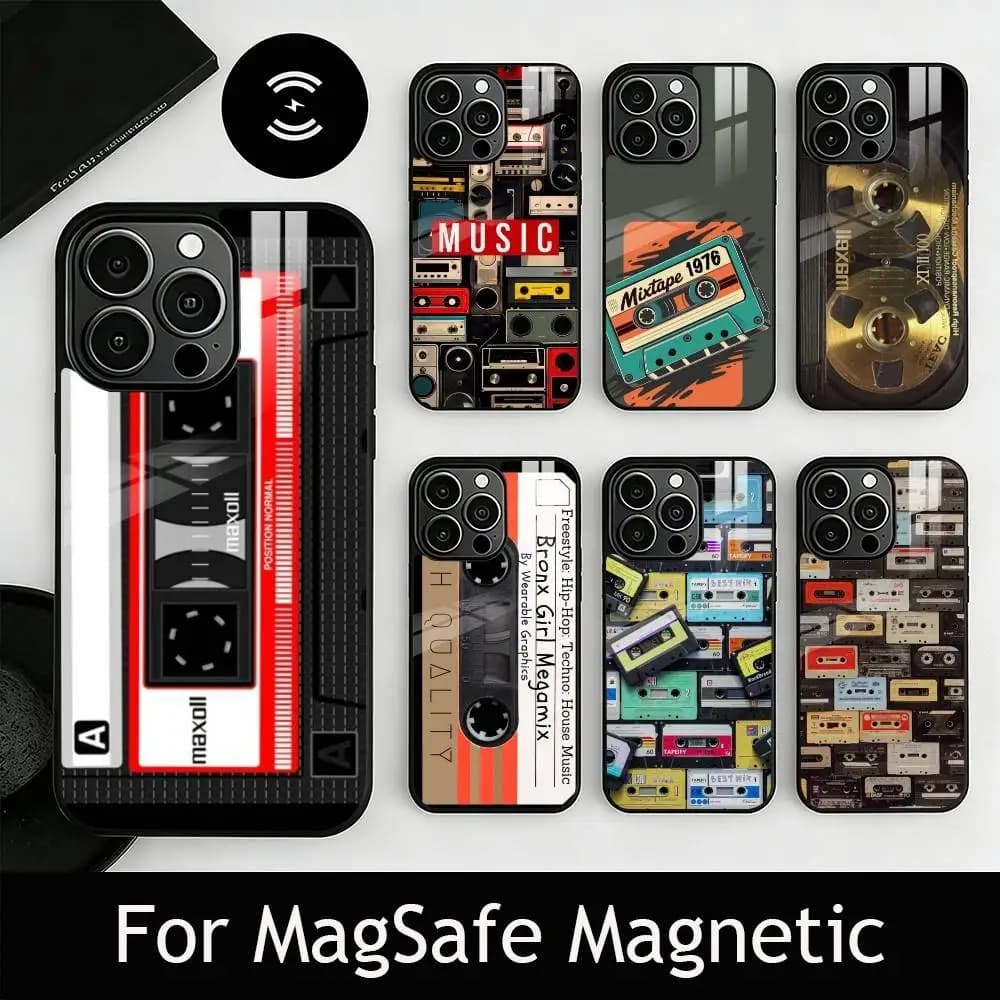 R-Retro Cassette Tape Print Phone Case For iPhone17,16,15,14,13,12,11 Plus,Pro Magnetic For Magsafe Wireless Charging
