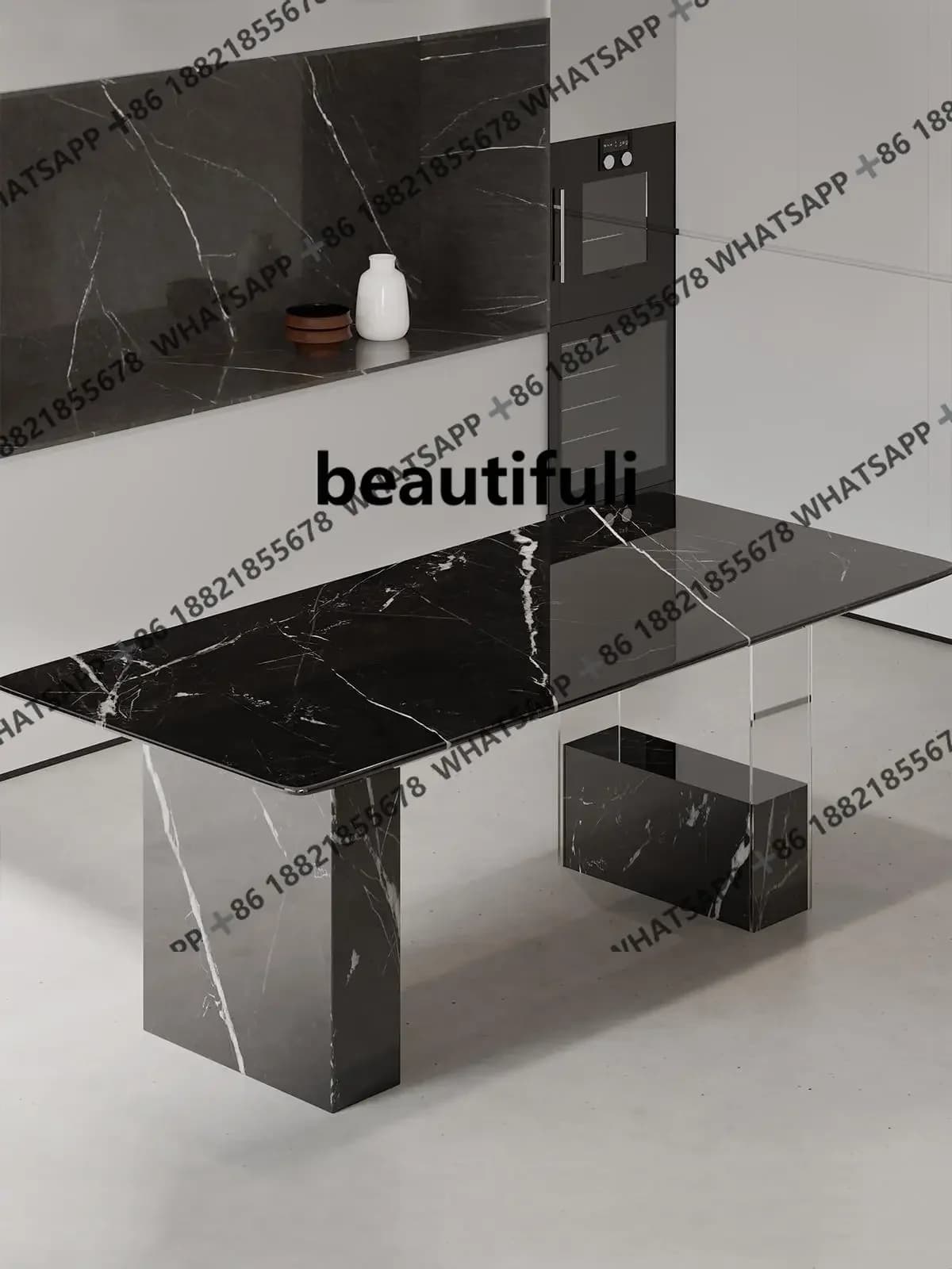 E182 Floating Dining Table - Calacatta Black Gold Luxury Stone, Scratch-Resistant Rectangular for Small Space Home