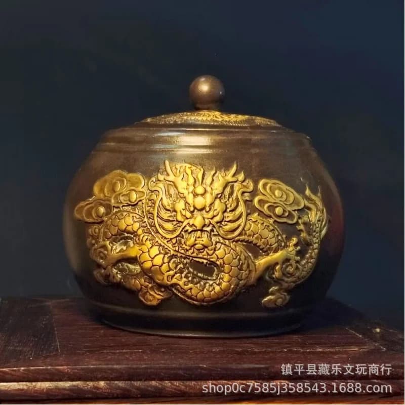 Antique Bronze Collection: Pure Copper Tea Canister, Retro Classical Dragon and Phoenix Design with Gold Accents, Go Game Canist