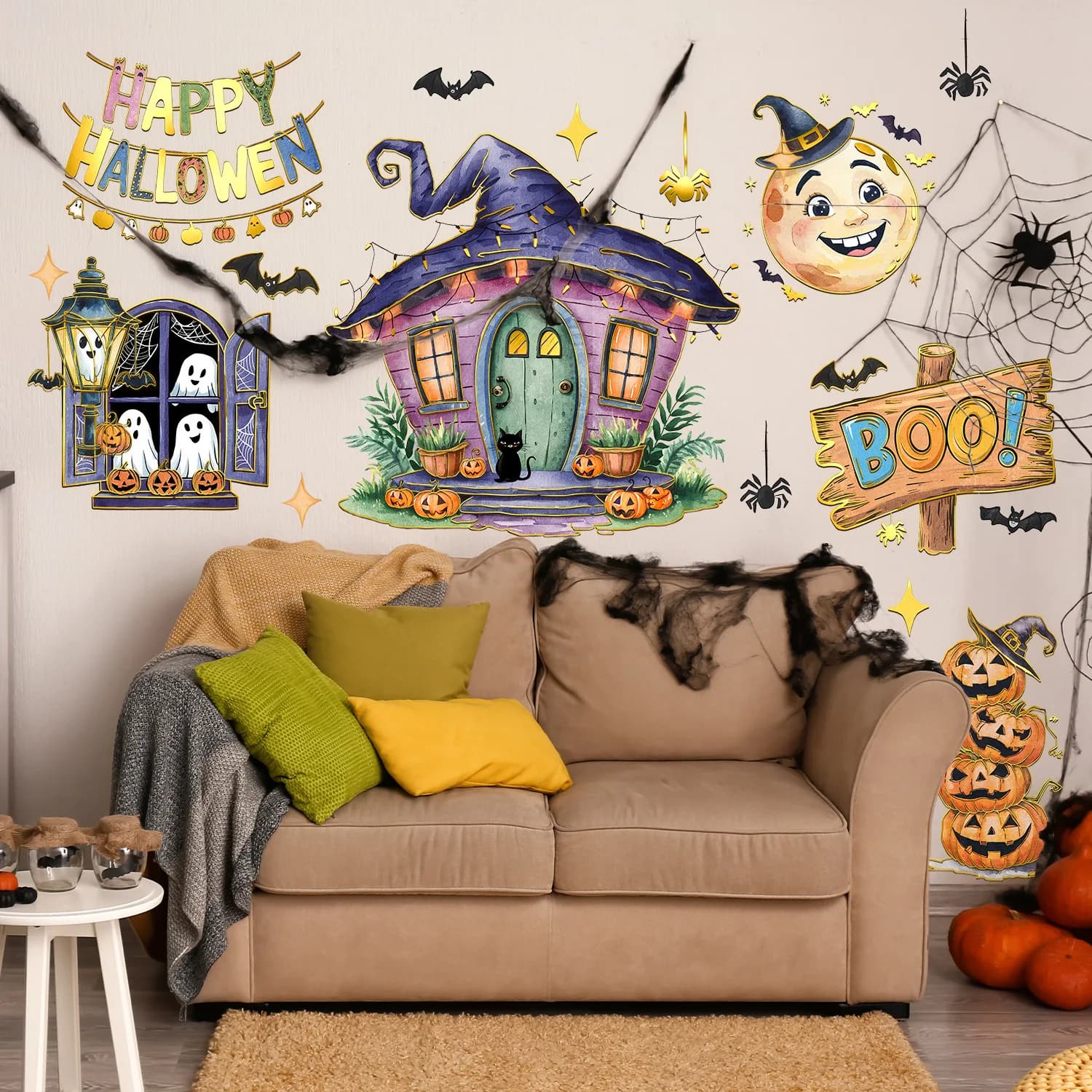 Halloween Haunted House Wall Decals - Gold Foil Pumpkin & Ghost Stickers for Spooky Home Decor