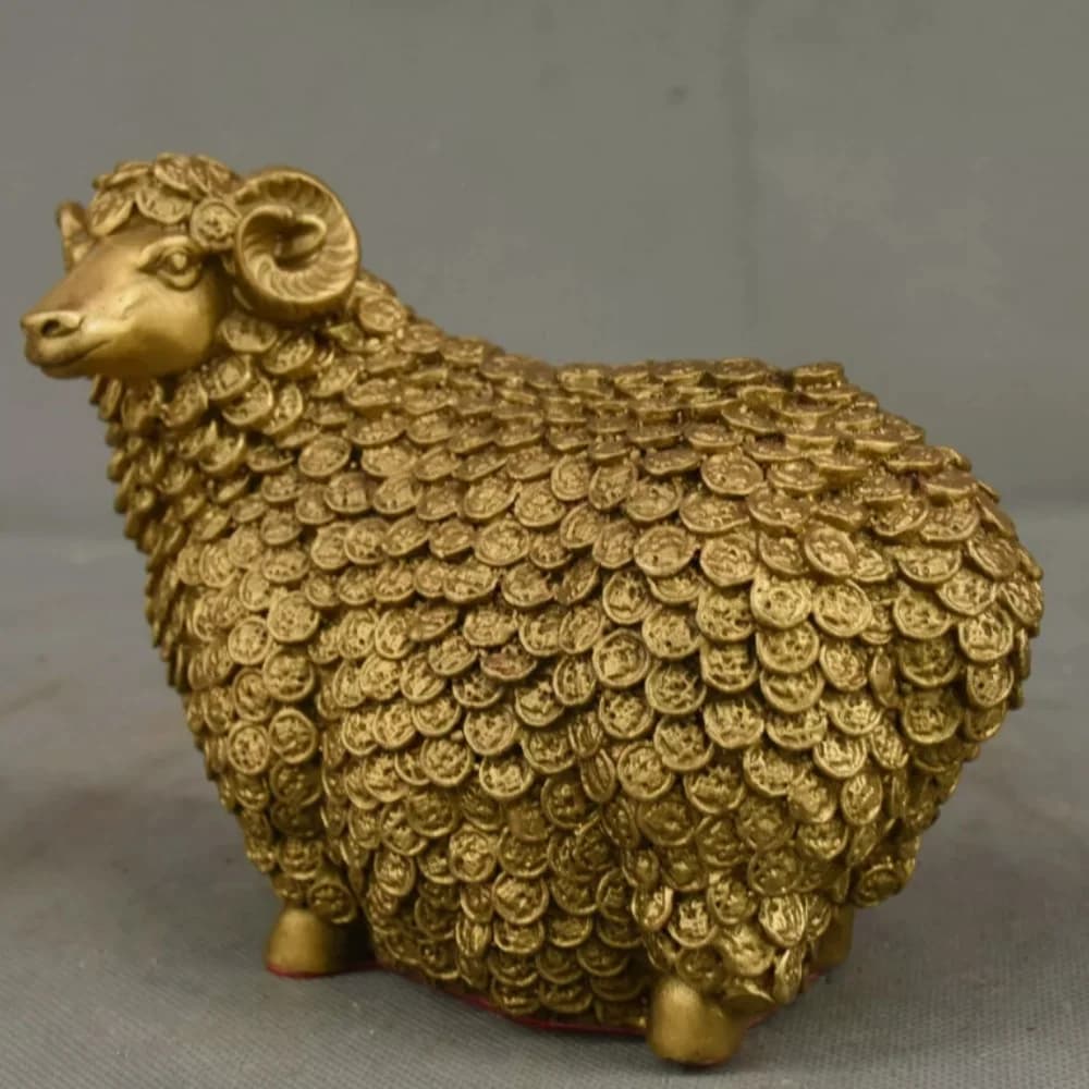 6" China Folk Brass Fengshui 12 Zodiac Year Sheep Goat animal wealth Coin Statue