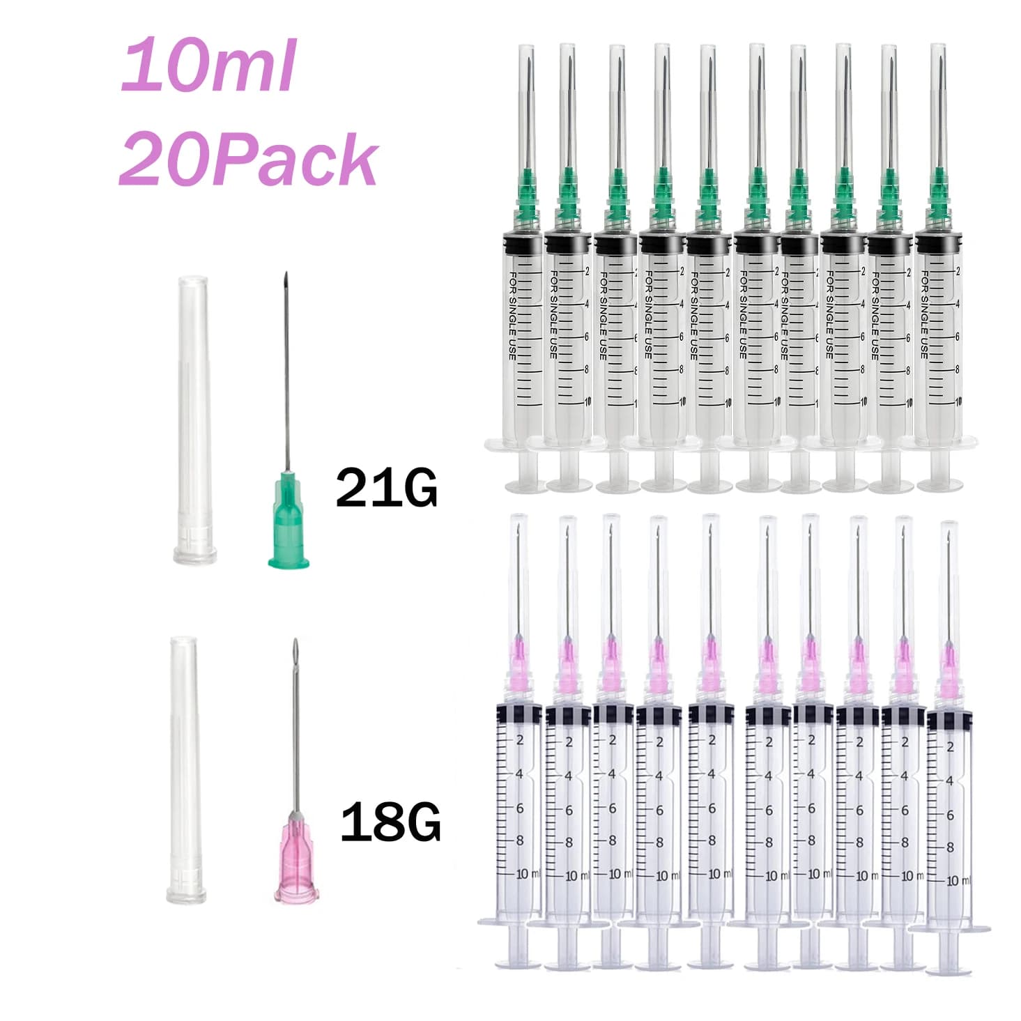 20PCS 10ml/cc Luer Lock Sterile Disposable Syringe With 10PCS of Each -18G/21G 1.5" Needle For Pet Farm Animal, Liquid Measuring