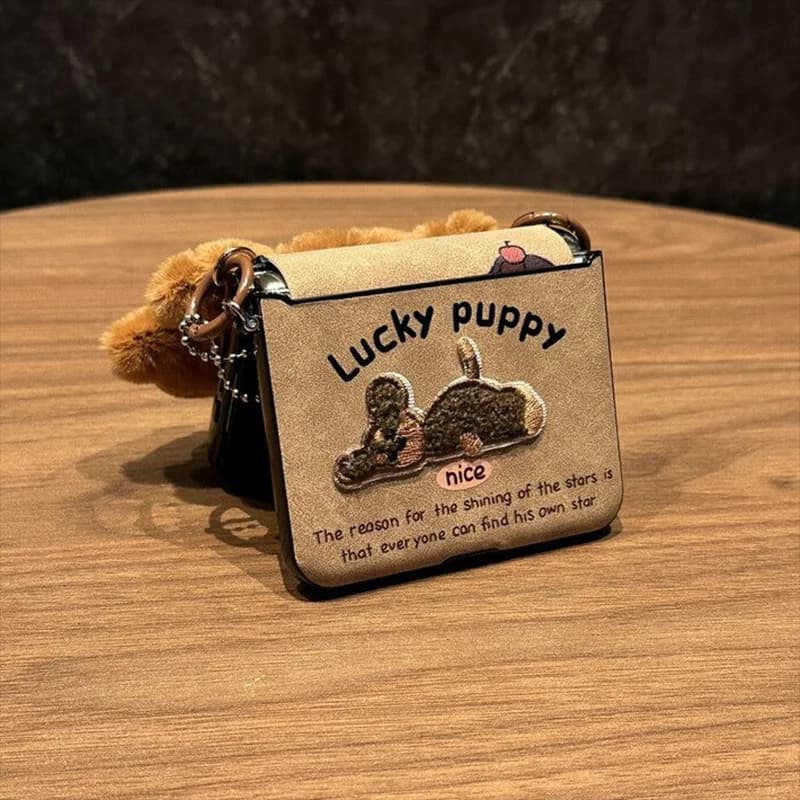Cute Plush Embroidered Puppy Flip Case for Samsung Z Flip 7 6 5 4 cases with 3D Fluffy Handheld Strap Leather Protective Cover