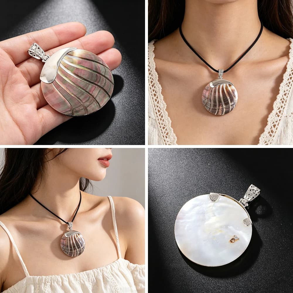 Natural Black Mother of Pearl Carved Round Pendant with Hollow Metal Bail for Women Bohemian Style Necklace Jewelry Gift