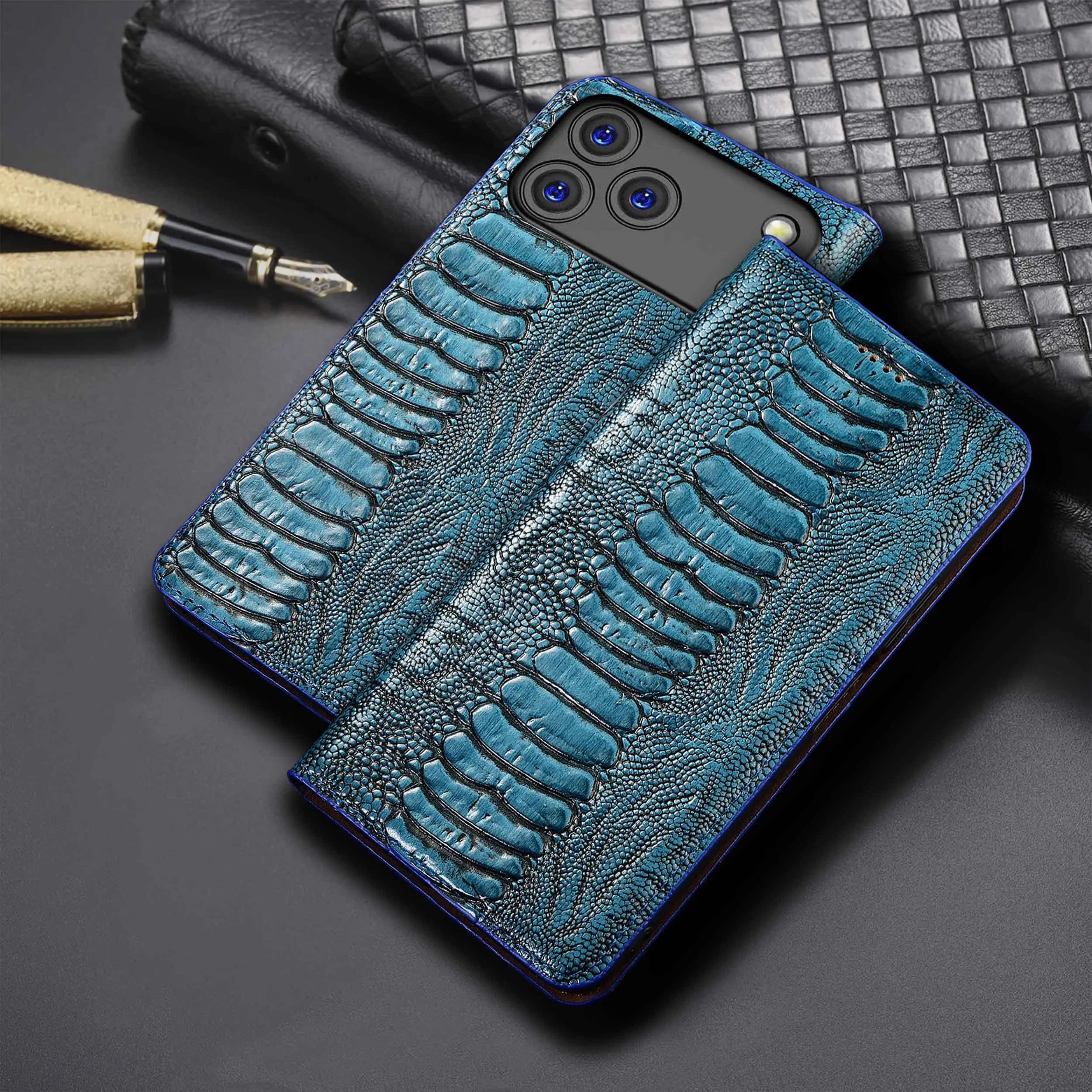 Ostrich Feet Genuine Leather Flip Case For Apple iphone 11 12 13 14 15 16 16e 17 17e 18 Pro Max Plus Air Mini Phone Case Cowhide