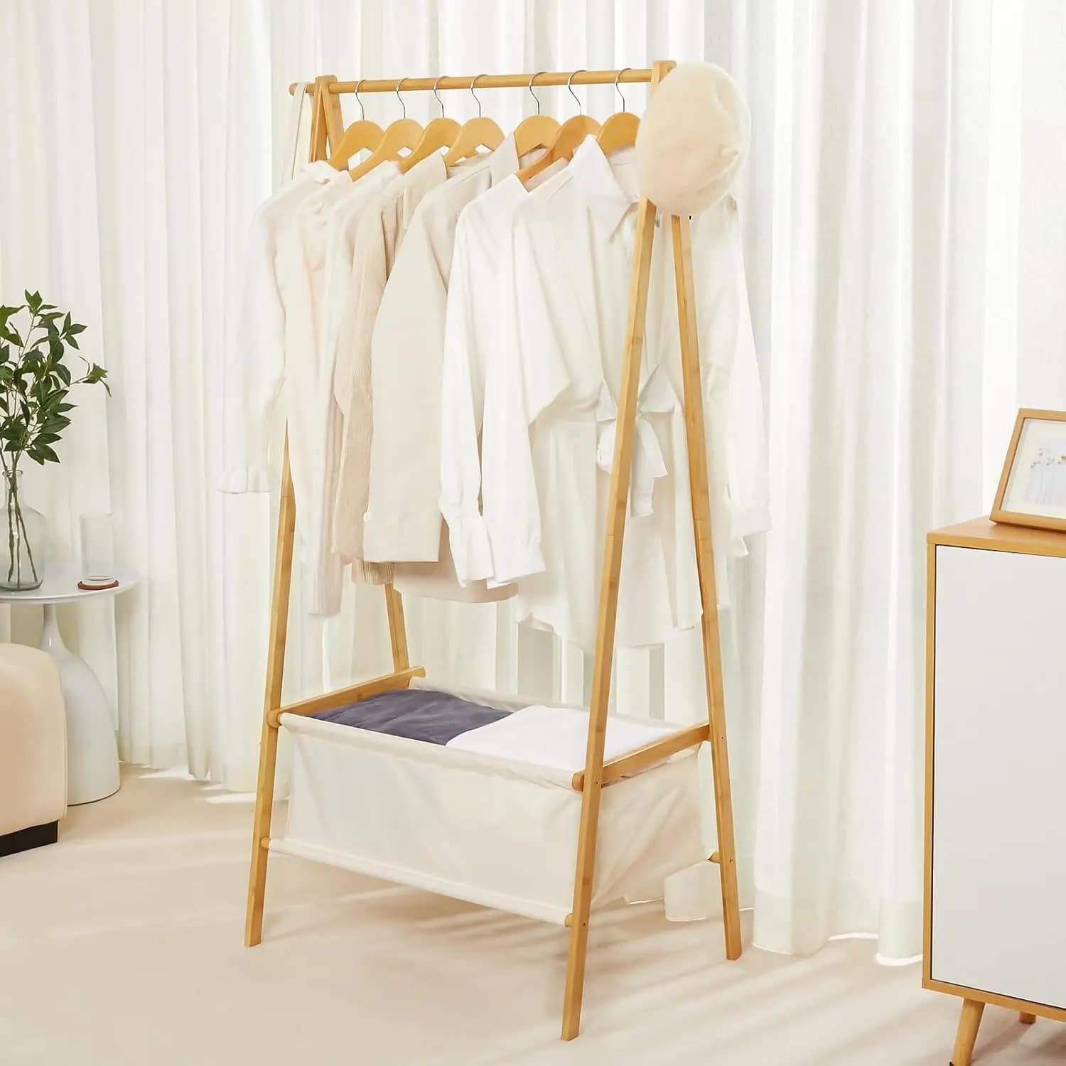 Bamboo Clothes Rack with Storage Box Garment Holder Clothing Stand for Hanging Coatpromote sales