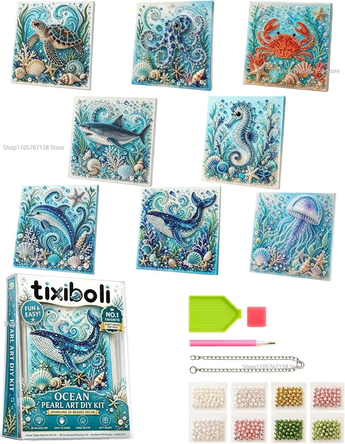 New Ocean Marine Animal Pearl Bead Embroidery DIY Kit Whale Turtle Dolphin Bead Painting Coastal Nautical Home Decor Set