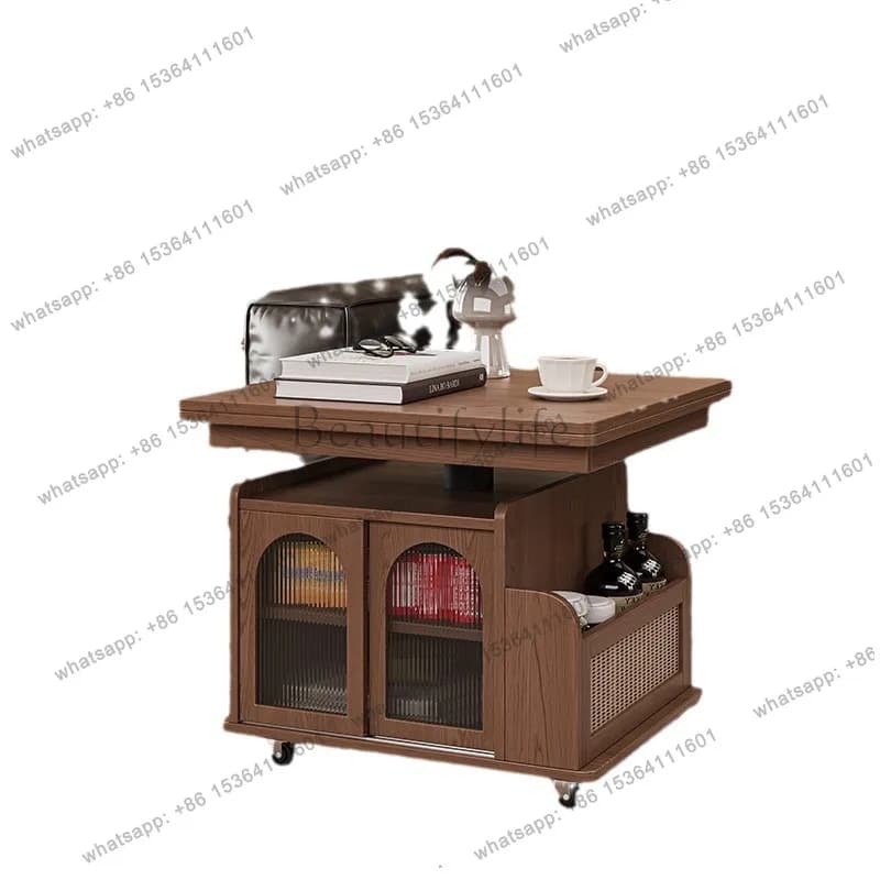 Solid wood lifting coffee table movable cart folding dining table dual-purpose living room sofa side cabinet