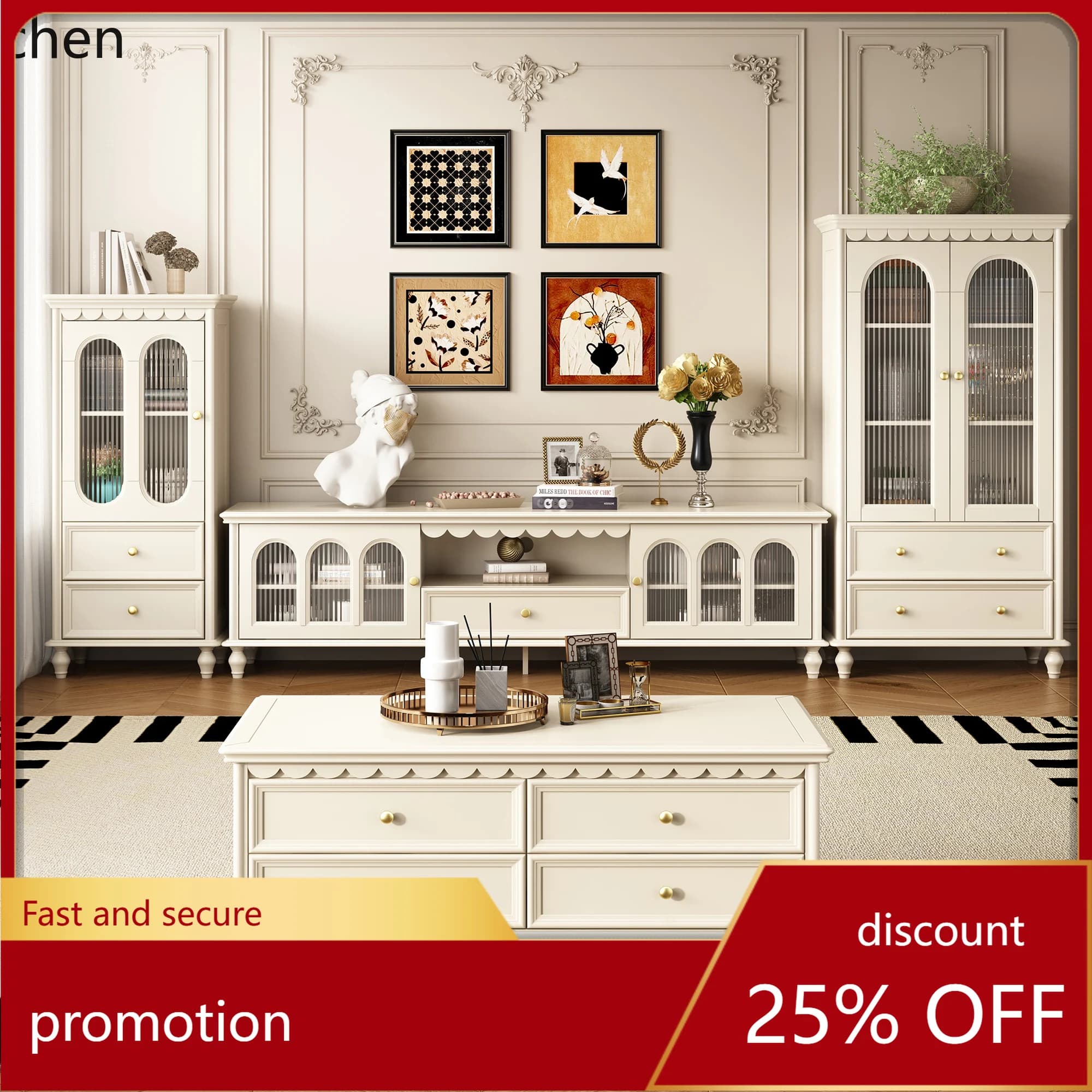 ZML TV Cabinet and Coffee Table Set Antique Solid Wood Tall Living Room Storage Cabinet Floor Cabinet