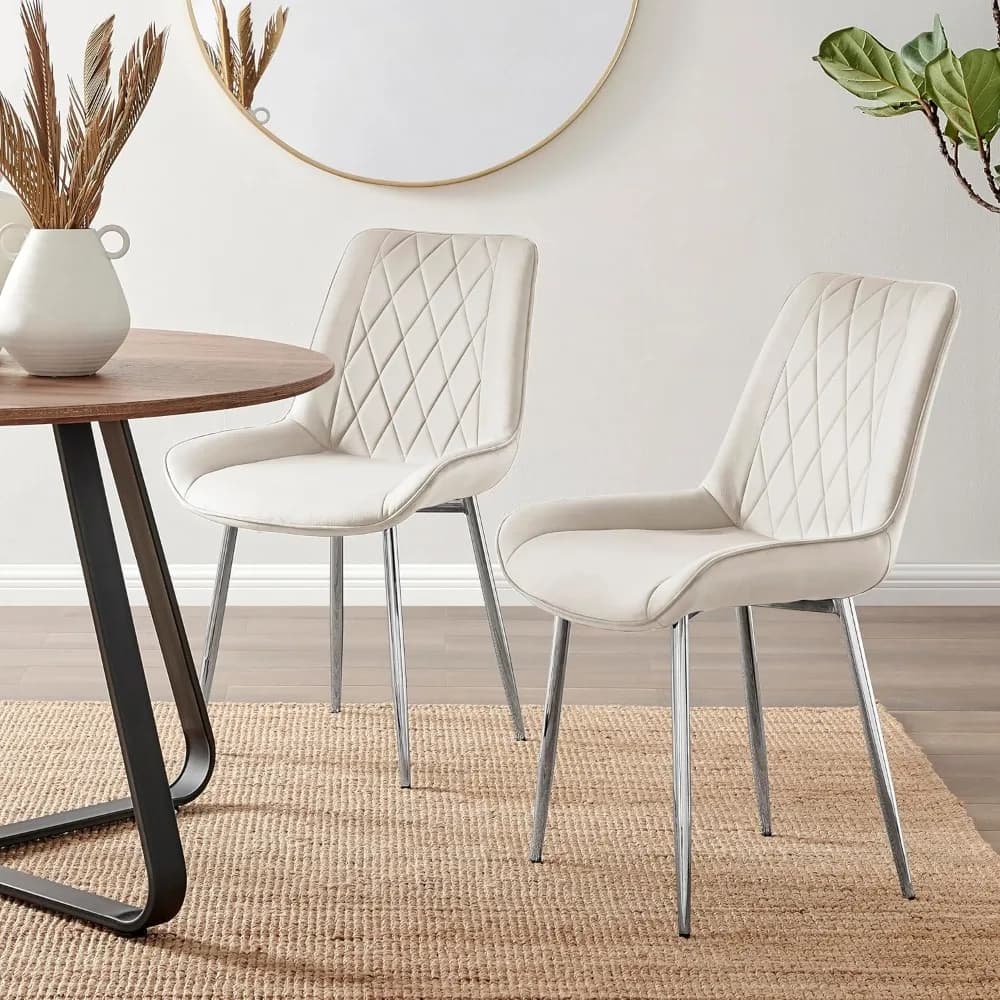 Dining Chair Set of 2 - Pesaro Cream Velvet Silver Chrome Metal Leg Modern Contemporary Luxury Dining Kitchen Chairs