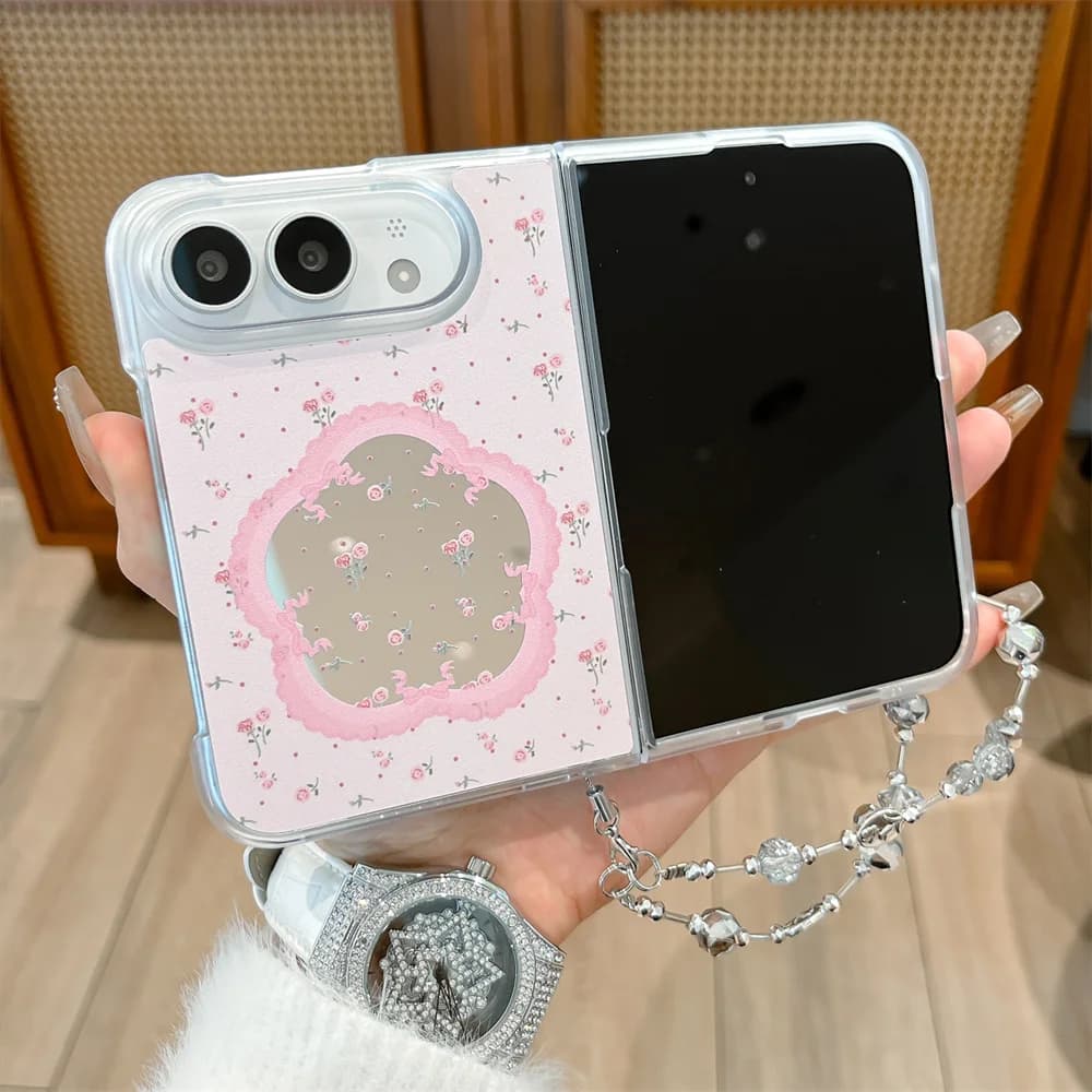 Pink Floral Lace Frame Mirror Phone Case For iPhone Duo Makeup Mirror Hard Shell With Crystal Bead Chain Shockproof Cover