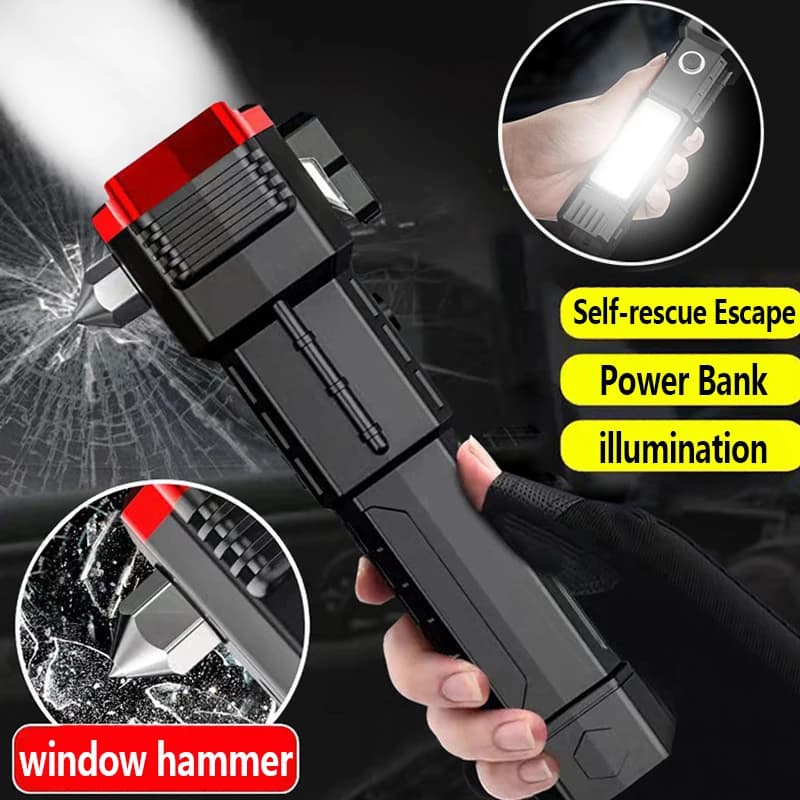【Hot】USB Charging Super Bright LED Flashlight with Safety Hammer Side Light Torch Light Portable Lantern Outdoor Adventure Light