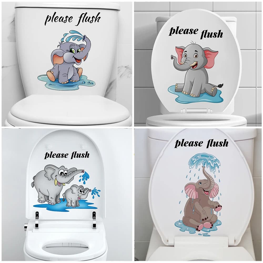 Cute Elephant "Please Flush" Toilet Stickers Home Decoration Diy Wc Washroom Pvc Posters Cartoon Animals Wall Art Kids Decals