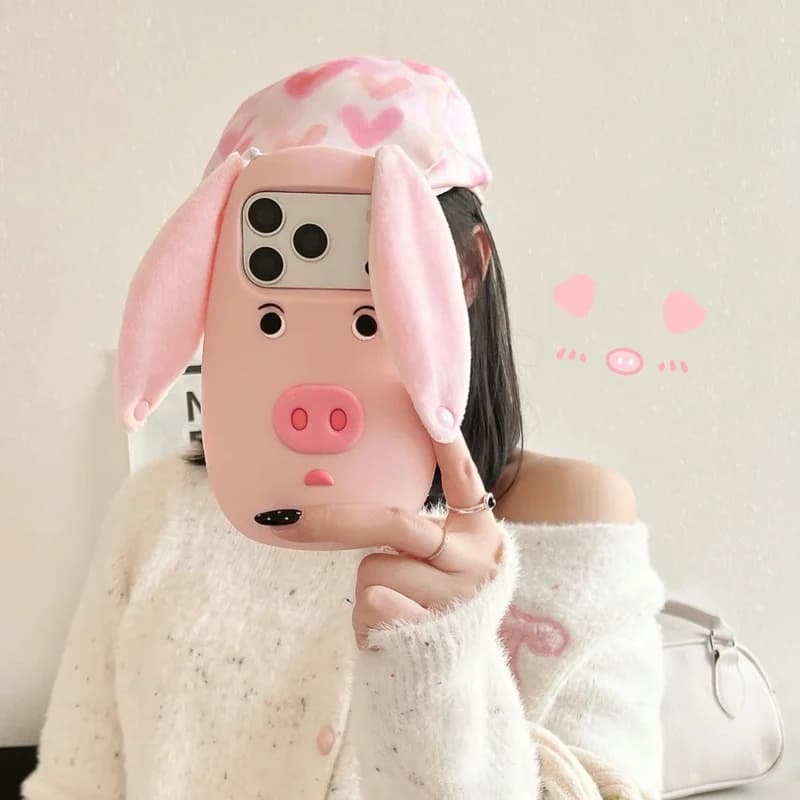 Cute 3D Pig with Fabric Ears Silicone Phone Cases for Iphone 12 13 14 15 16 17 18 Pro Max 16Plus Shockproof  Soft Cover Fundas