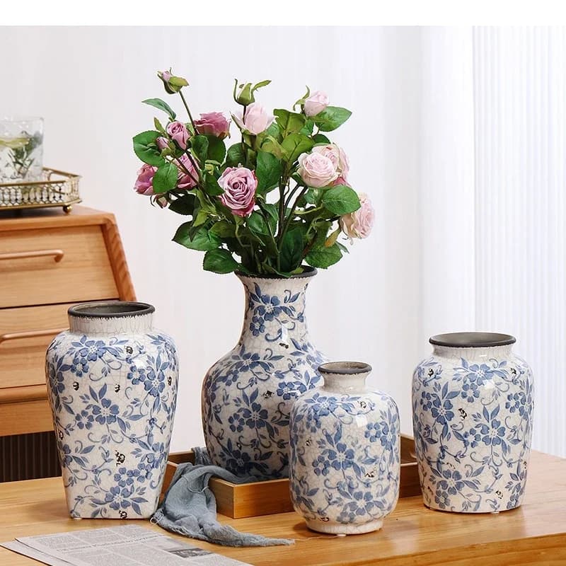 Vintage Ceramic Vase Blue and White Porcelain Flower Arrangement Hydroponic Tabletop Floral Home Decoration