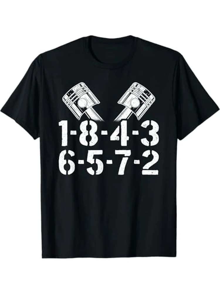 V8 Engine Firing Order Graphic-1-8-4-3-6-5-7-2 Numbered Pistons Design,100%Cotton Short Sleeve Round Neck Casual Printed Tee.