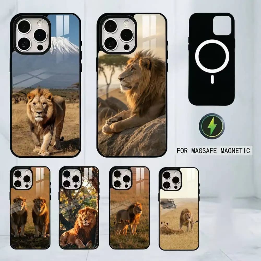 Lion Theme Phone Case For iPhone17,16,15,14,13,12,11 Plus,Pro Magnetic For Magsafe Wireless Charging