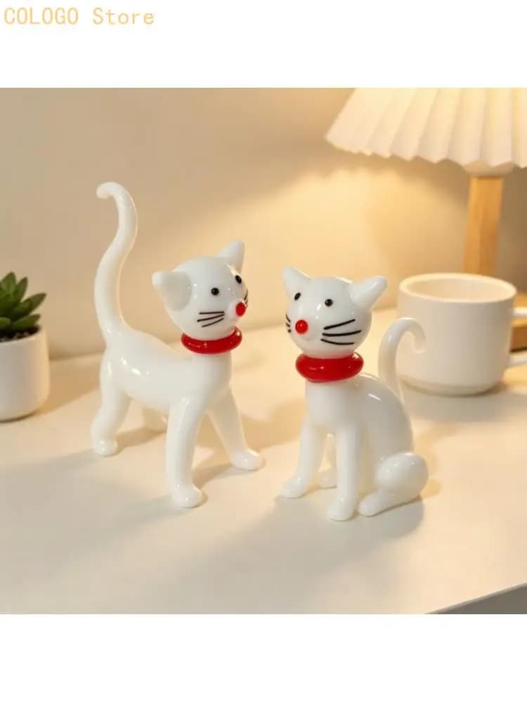 Red-Accent Glass Cats Figurine with Glossy Finish for Desk or Shelf Display D0LD