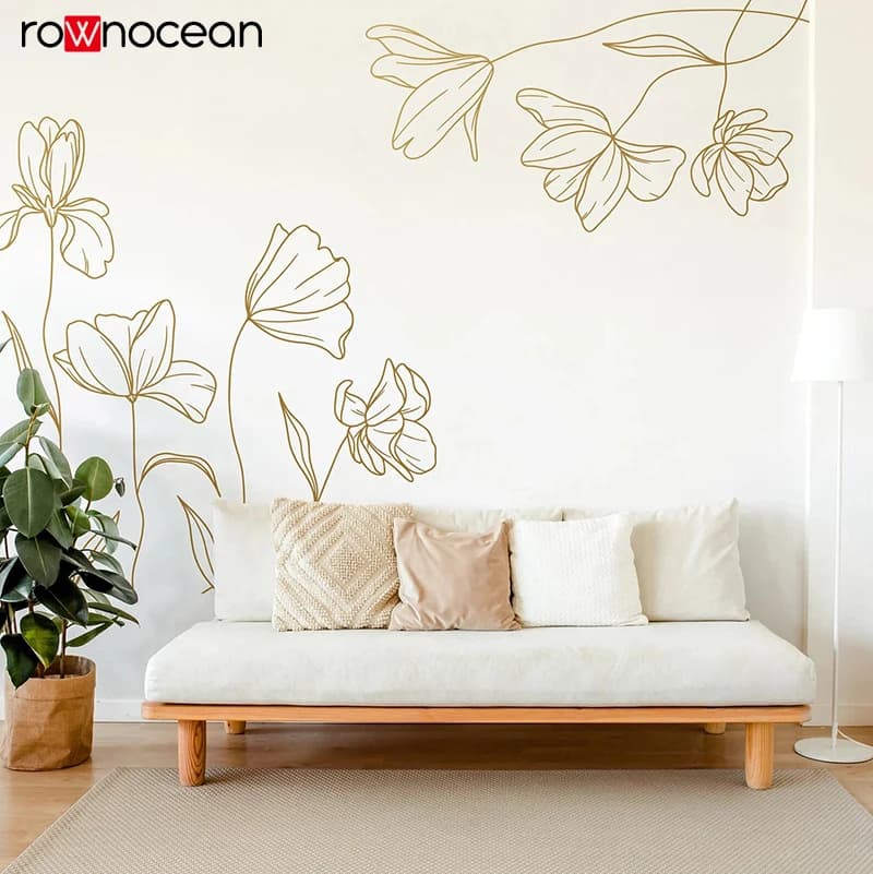 Minimal Line Art Flower Corner Wall Decals –Minimalist Flower Corner Decor  Removable Art for Bedroom, Apartment  E999