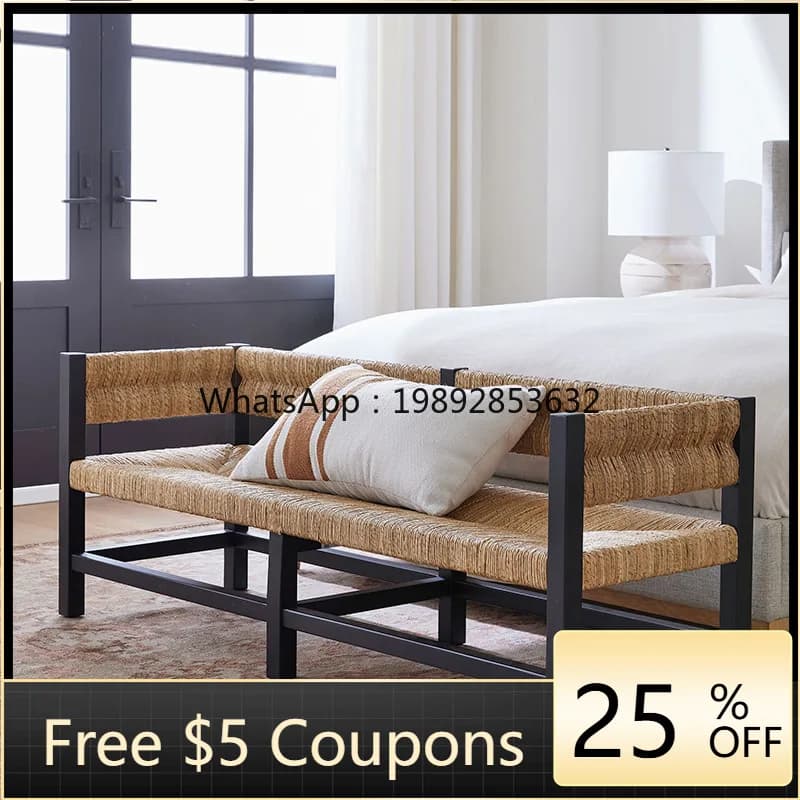 LYY Rattan Woven Long Bench Solid Wood Woven Double Sofa Straw Woven Homestay Hotel Stool Bed End Stool Shoe Changing Stool