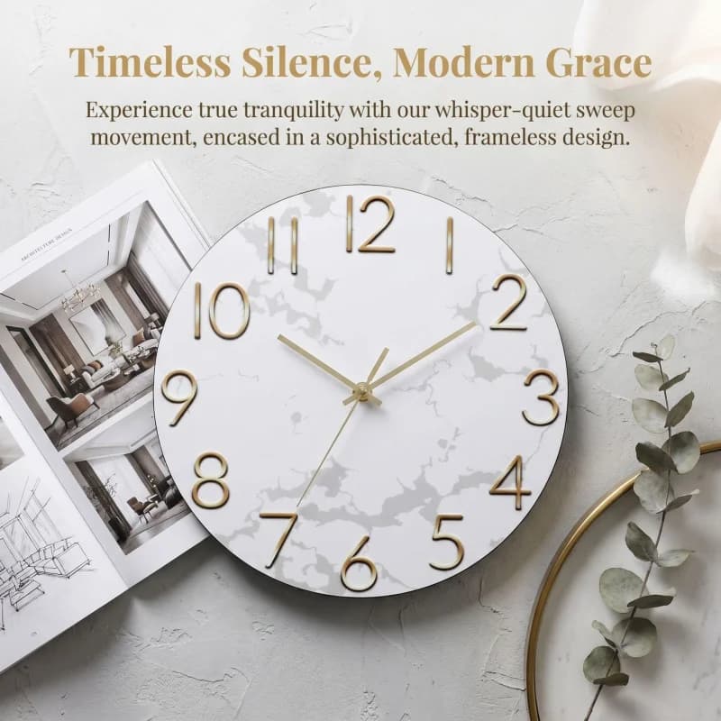Nordic Light Luxury Marble Pattern Wall Clock MDF with Gold Letters Silent Modern Minimalist Decorative Clock Living Room