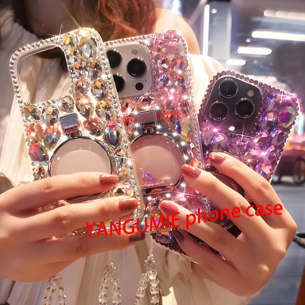 Luxury Full Rhinestone Phone Case for iPhone 14/15 Pro Max, Apple 16/17 with Rhinestone Perfume Bottle Ring Holder Stand and Wri