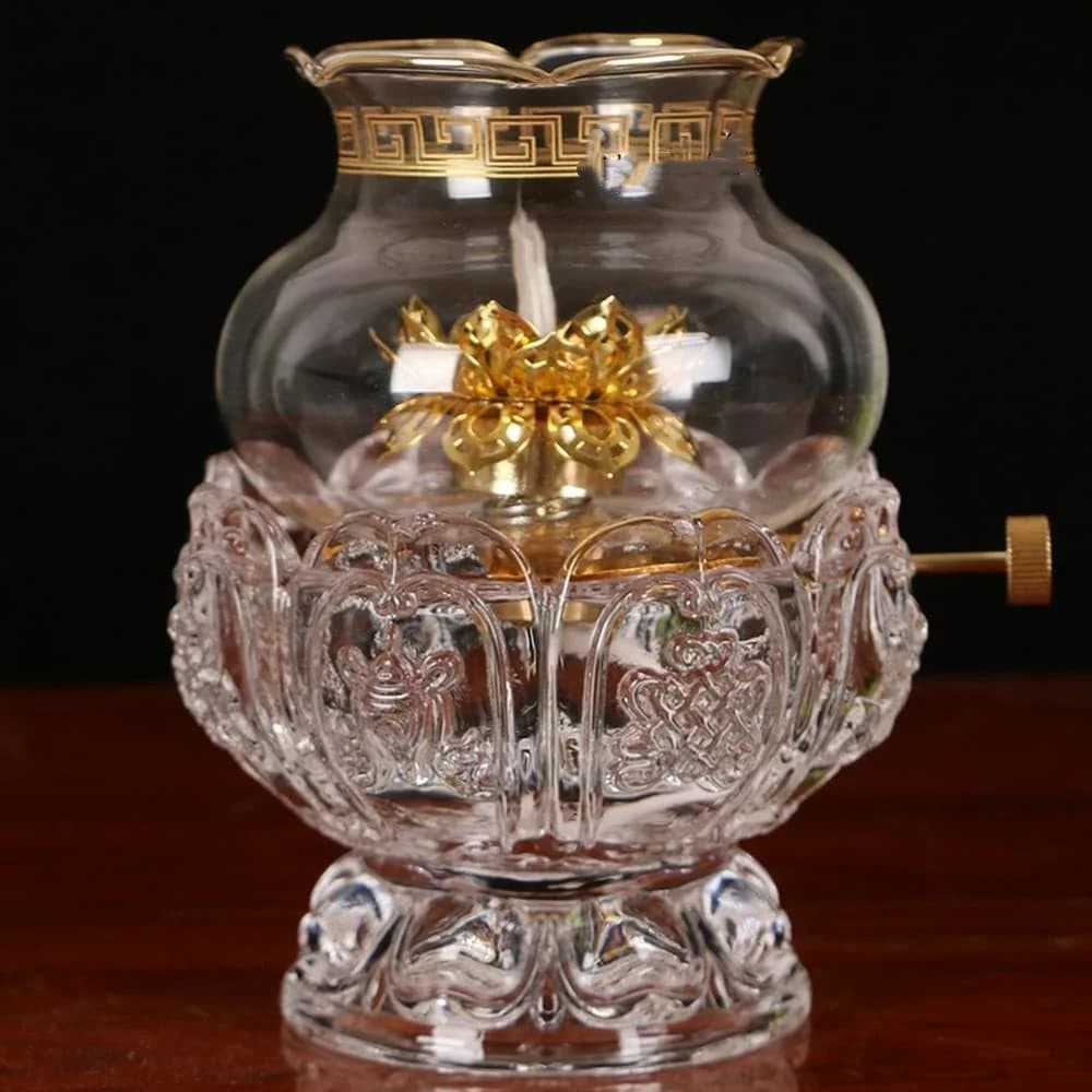 13.5cm Chinese Butter Lamp Buddha Household Glass Oil Lamp Buddhist Temple