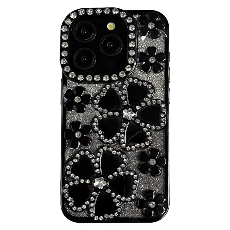 Diamond five leaf clover phone case for iPhone 15 16promax 14 13 12pro Max transparent case bling rhinestone black cover funda
