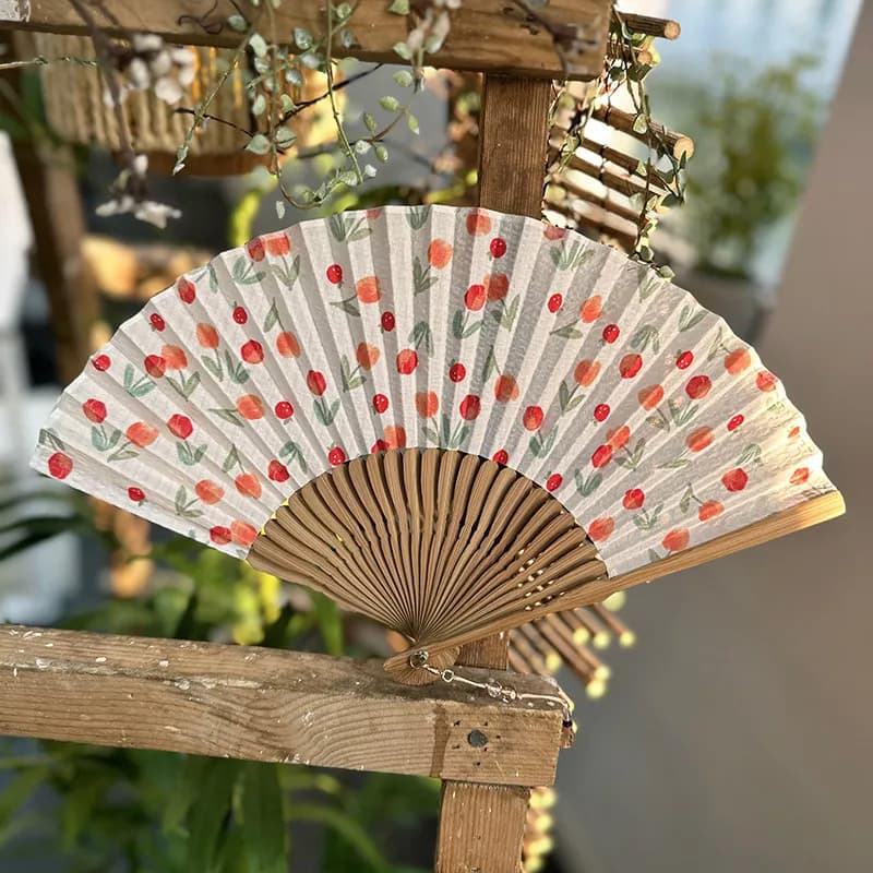 Spring Fresh and Cute Bubble Cloth Fan Elegant Lady Fan Tulip and Small Fruit Design Daily Use Portable Folding Fan Photo Prop