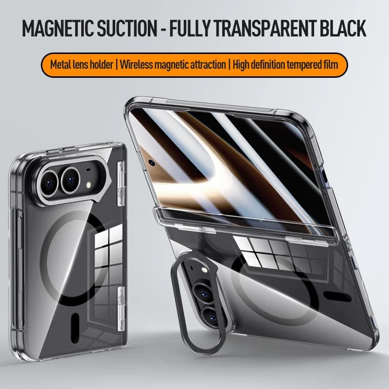 For Magsafe Camera Metal Holder Hyaline Case For Apple iPhone Duo Spring Hinge With Front Glass Film Magnetic Shockproof Cover
