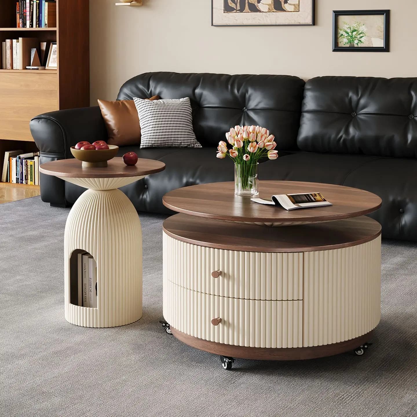 HYS new vintage-style square and round coffee table, living room and home mobile coffee table, high-end light luxury