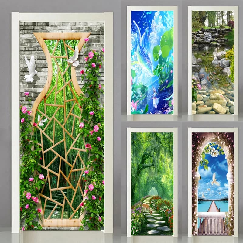 Door Sticker Wallpaper Self-adhesive Decoration Poster Full Cover On Whole For Bath Bedroom Door  Forest Landscape