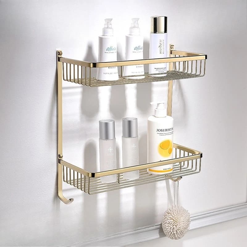 Bathroom all copper toilet toilet hanger double storage storage cosmetic rack with hook basket 36CM free punching