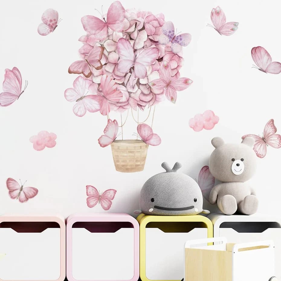 Pink Butterfly Hot Air Balloon Wall Stickers for Nursery Kids Room Baby Watercolor Wall Decals Bedroom Living Room Home Decor