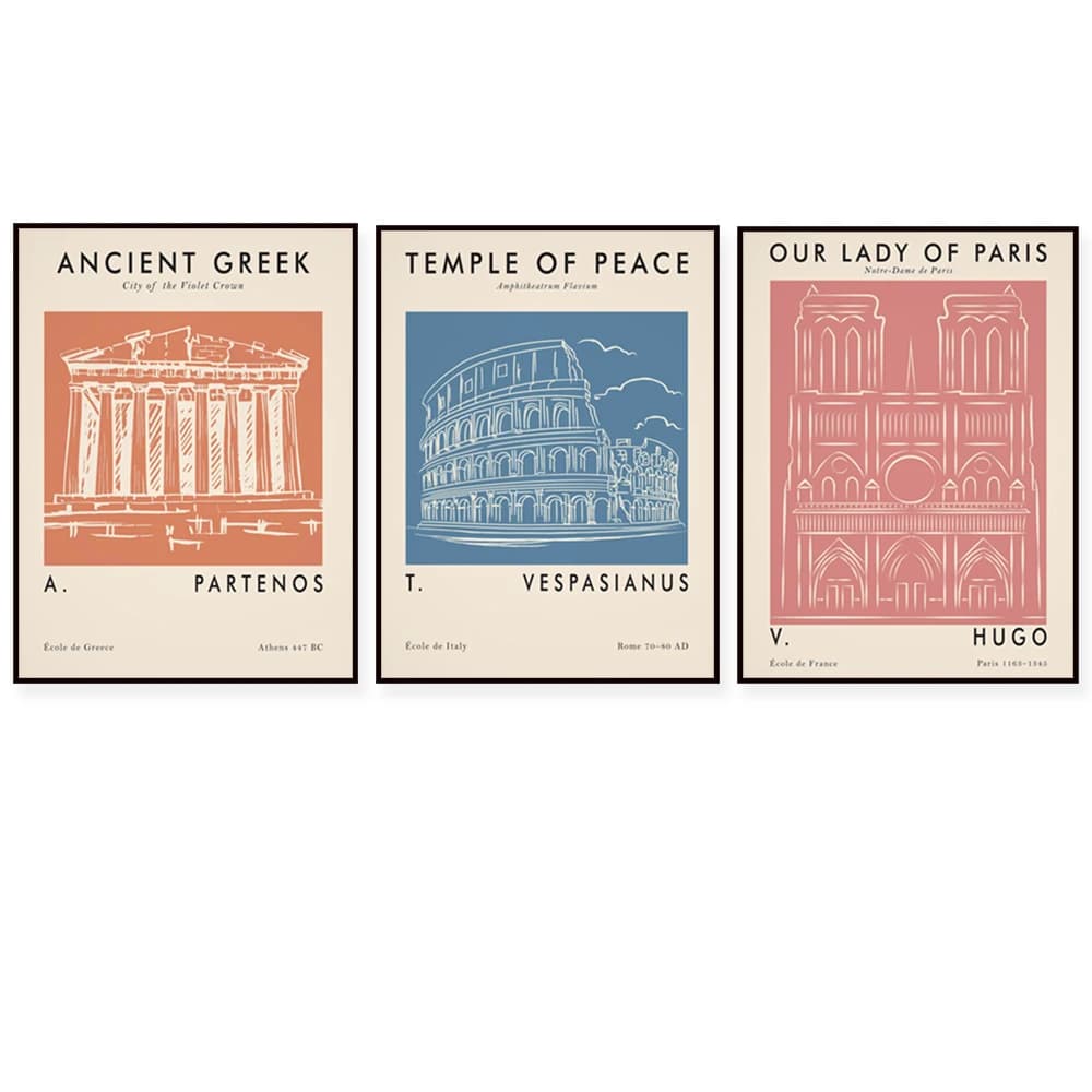 Victor Hugo Notre Dame poster, Athens fresco, Peace Temple, ancient Greece printable wall Danish pastel prints Bohemian home dec