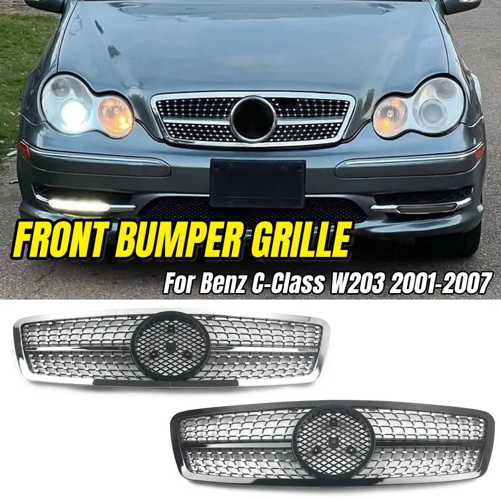 Diamond Style Front Grille for Mercedes Benz C-Class W203 2001-2007, Sport Grill Black Silver for Sedan Wagon