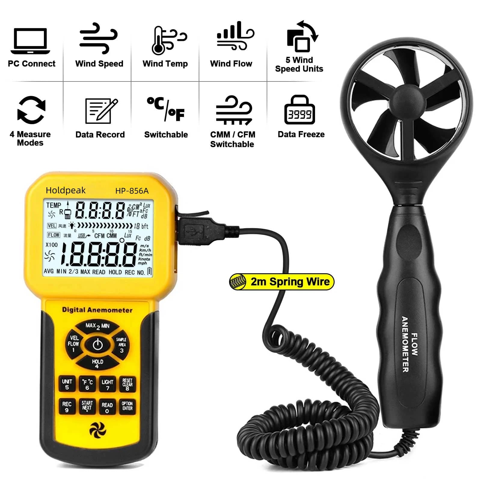 HoldPeak CFM Instrument with USB HVAC Anemometer, Handheld Wind Speed and Air Velocity Tester Instrument 100MPH.