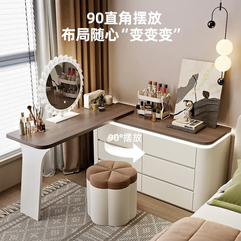 Luxury Makeup Vanity Desk with 3-color Lights and 6 Solid Wood Drawers Organizer , Dressing Table Bedroom with Side Cabinet
