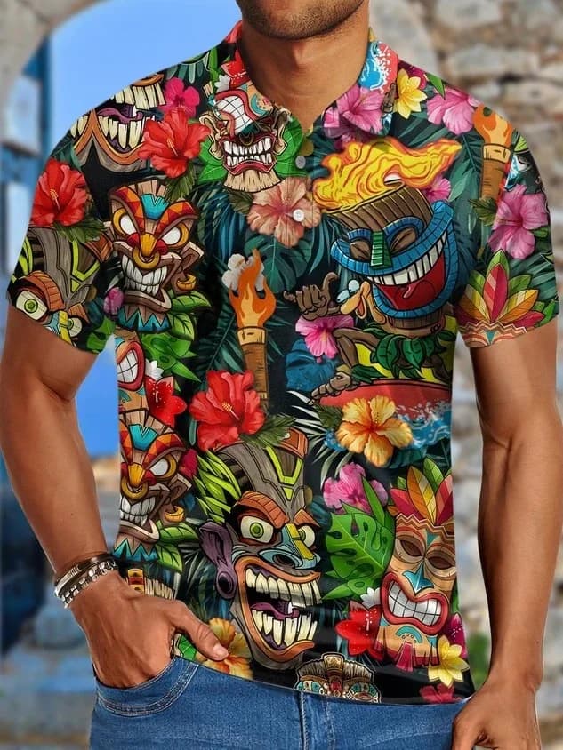 Men's Coconut Tree Hawaiian Vacation Style Printing Coconut Tree Polo Collar Regular Fit Urban Polo Shirt