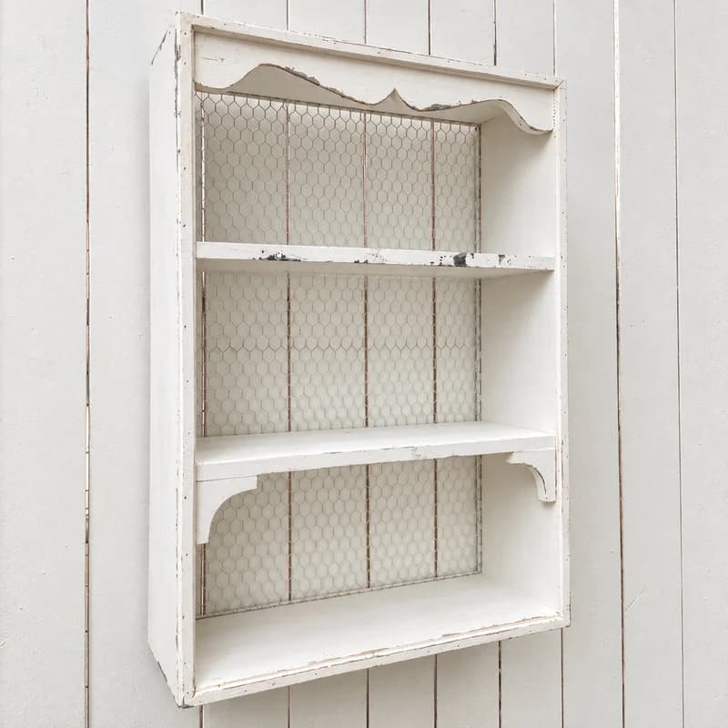 Vintage White Fir Wood Wall Shelf, 3-Tier Farmhouse Display Rack with Iron Wire Mesh Back, Wall-Mounted or Tabletop