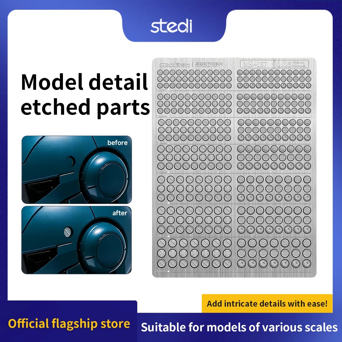 STEDI 390pcs Model Etched Detail Parts 0.15mm 304 Stainless Steel for Gundam/Military Scale Models